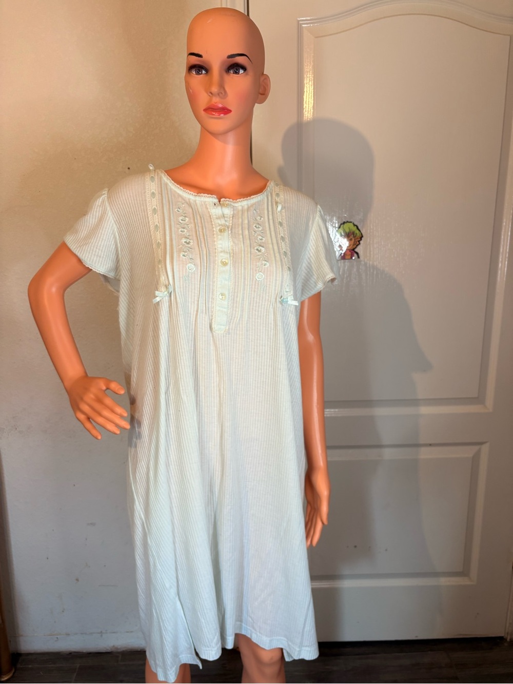 Miss Elaine Pale Aqua Short Sleeve Nightgown with Lace Trim